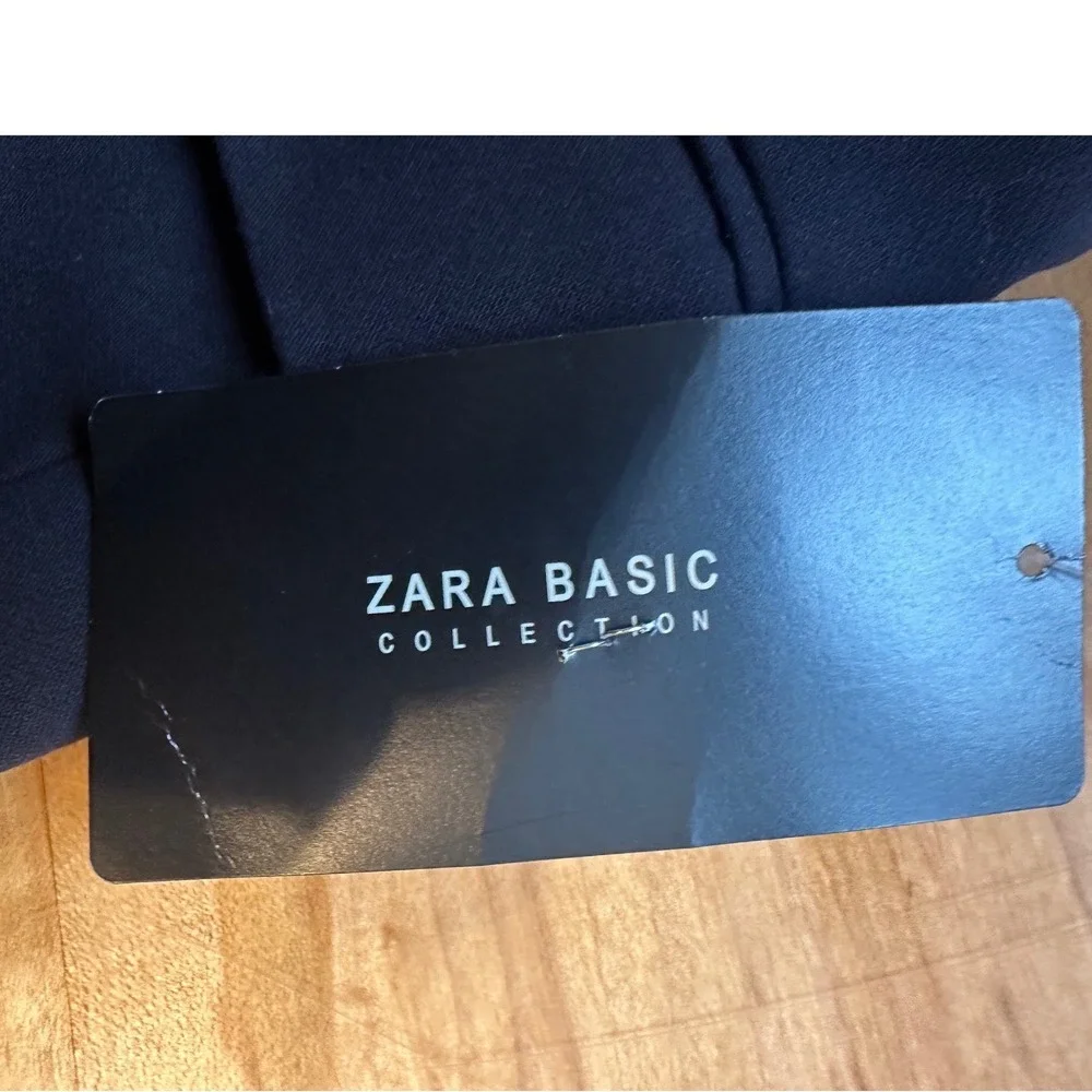 Zara Basic Black Collarless Blazer‎ Ruffle Lace Tulle Sleeve XS NWT Missing Belt - Picture 4 of 6